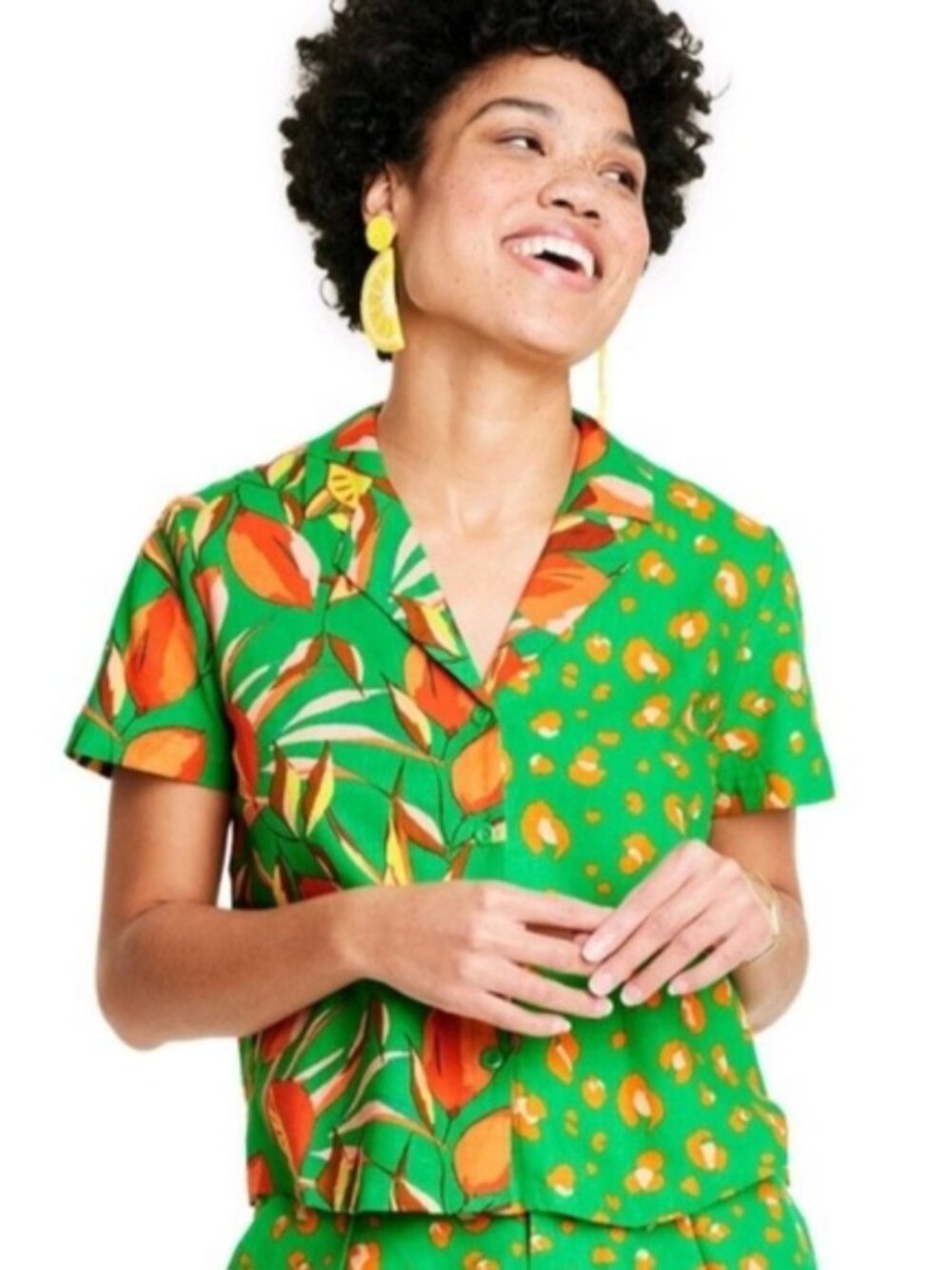 Tabitha Brown Linen Blouse Top Cascade Collar Tropical Colorful Extra Small